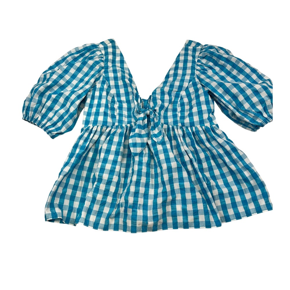 Lilly Pulitzer‎ Gingham Tie-Front Top Puff Sleeve Blue White Blouse
